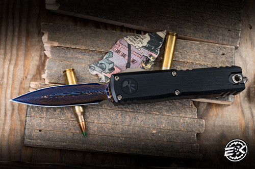 Microtech Marfione Select UTX-85 Gen III OTF Automatic Knife Blue Accents 3.1" Dagger Blued CopperMai Damascus 1232-16MS2-1