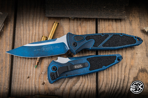 Microtech Socom Elite Automatic Folding Knife Weathered Blue Aluminum/Grip Inlay 4" M390 Clip Point 160A-1WBL