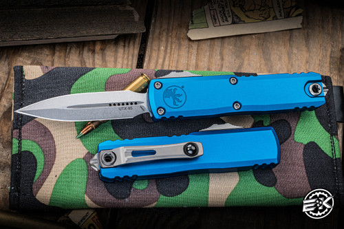 Microtech UTX-85 Gen III OTF Automatic Knife Blue Aluminum 3.1" Dagger Stonewash 1232-10BL