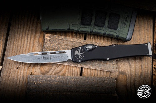 Preowned-Microtech Halo 6 VI Black OTF Automatic Knife 4.5" M390 Stonewash 251-10