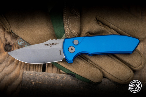 Preowned-ProTech Les George SBR Short Bladed Rockeye Automatic Folding Knife Blue 2.5" Stonewash LG401