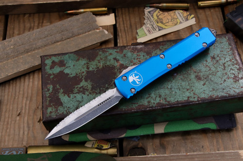 Preowned-Microtech Ultratech OTF Automatic Knife Blue 3.4" Dagger Stonewash Serrated 122-12BL