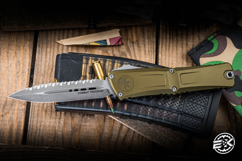 Preowned-Microtech Combat Troodon Gen III OD Green OTF Knife 3.8" M390  Apocalyptic Stonewash Serrated 1142-12APOD