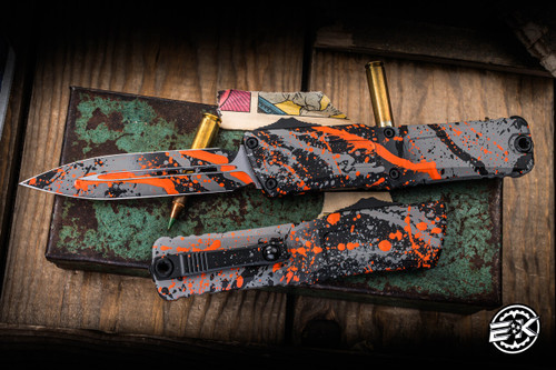 Microtech Combat Troodon Gen III OTF Automatic Knife Bull Shark Gray Black Orange Splatter 4" M390 Dagger 1142-1BGBK-ORSPLS