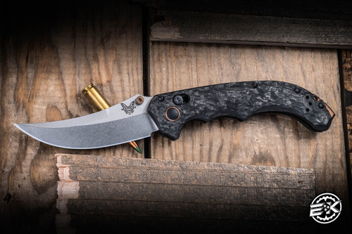 Preowned-Benchmade Mini Bedlam Marbled Carbon Fiber 3.45" S90V Scimitar 865-02