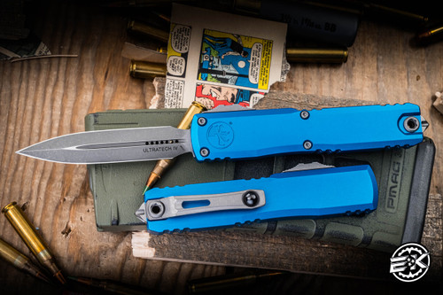 Microtech Ultratech Gen IV OTF Automatic Knife Blue 3.5" M390 Apocalyptic Dagger t 11224-10APBL