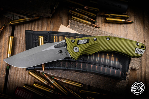 Preowned-Microtech Amphibian Ram-LOK Folding Knife Fluted OD Green Aluminum 3.9" M390 Apocalyptic Stonewash 137RL-10APFLOD