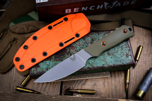 Preowned-Benchmade Raghorn Hunting Fixed Blade Knife OD Green G10 4.0" Drop Point Stonewash 15600-01