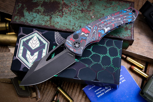 Preowned-Heretic Knives Pariah Manual Button Lock USA Camo Carbon  3.75" MagnaCut DLC H046-6A-USA/CC