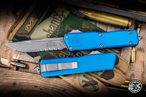 Microtech Scarab II Gen III OTF Automatic Knife Blue 4" Apocalyptic Serrated 1176-11APBL