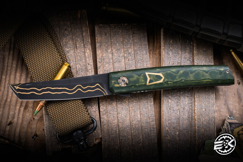 J. Oeser Custom Tachi SOS Slim Flipper Knife CamoQuartz 4.5" Copper SanMai