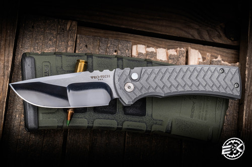 Prototype-Chaves Knives/ProTech Custom Redencion Automatic Knife Grey 17-4 Steel 3.4" Mike Irie Compound