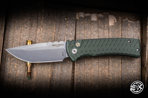 Chaves Knives/ProTech Redencion Automatic Knife Green Textured Aluminum 3.4" S35VN Tanto Stonewash