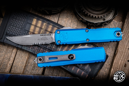 Microtech UTX-85 Gen IV OTF Automatic Knife Blue 3" M390 Apocalyptic Serrated 12314-11APBL