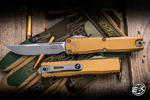 Microtech Ultratech Gen IV OTF Automatic Knife Tan Aluminum 3.4" M390 Apocalyptic Stonewash 11214-10APTA