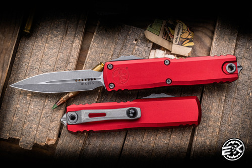 Microtech UTX-85 Gen IV OTF Automatic Knife Red Aluminum 3.1" M390  Dagger Apocalyptic Stonewash 12324-10APRD