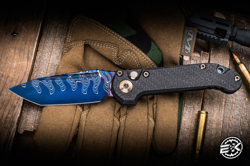 Microtech LUDT Automatic Folding Knife Carbon Fiber 3.4" Tanto Blued CopperMai Damascus 1136-16MS2-3