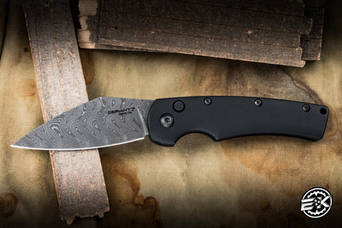 Defiant 7 Seax Automatic Folding Knife Black Aluminum 3.5" Boomerang Damascus