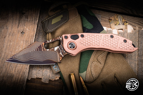 Microtech Marfione Select Stitch Ram-Lok  Automatic Folding Knife 3.75" M390 Blued Purple Baker Forge CopperMai Damascus 169-16MS3-2