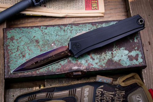 Microtech/Marfione Custom Cypher II OTF Automatic Knife Aluminum 3.5" Blued Baker Forge Copper Mai Damascus 11242-16MS5