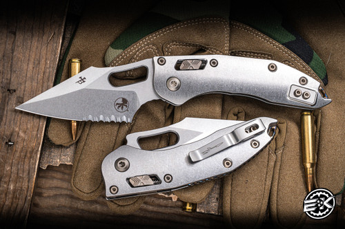 Microtech Marfione Select Stitch Ram-Lok Manual Titanium Flame Accents 3.75" M390 Stonewash Serrated 169RL-11MS4