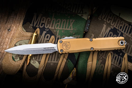 Preowned-Microtech Ultratech Gen IV OTF Automatic Knife Tan 3.4" M390 Dagger Apocalyptic 11224-10APTA