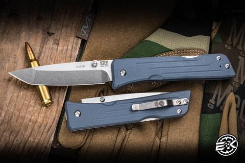 Medford 1881 Knife Works Route 66 Folding Knife Denim Blue G10 3.25"  S45VN Tumbled Tanto