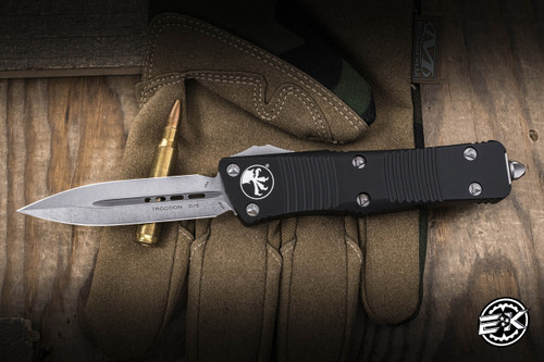 Preowned-Microtech Troodon OTF Automatic Knife Black 3" M390 Dagger Stonewash 138-10