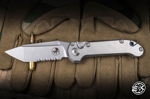 Microtech Marifione Custom Select LUDT Automatic Folding Knife Titanium Blue Accents 3.4" M390 Tanto Stonewash Serrated 1136-11MS3