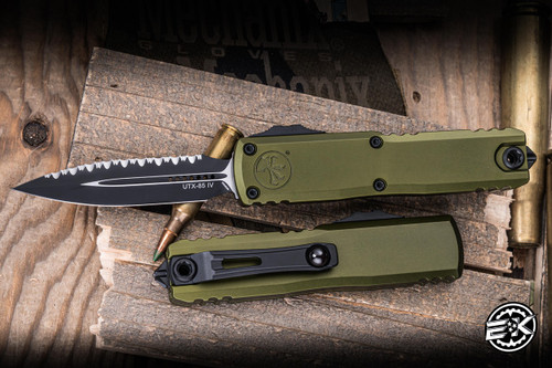 Microtech UTX-85 Gen IV OTF Automatic Knife OD Green 3" M390 Dagger Serrated Black 12324-3OD