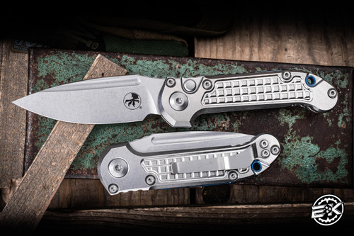 Microtech Marfione Select LUDT Gen III Automatic Folding Knife Frag Titanium Blue Accents 3.4" M390 Clip Point Stonewash 1135-10FRMS2