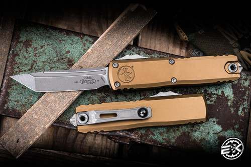 Microtech UTX-85 Gen IV OTF Automatic Knife Tan 3" M390 Tanto Apocalyptic Stonewash 12334-10APTA