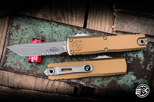 Microtech UTX-85 Gen IV OTF Automatic Knife Tan 3" M390 Tanto Serrated Apocalyptic Stonewash 12334-11APTA