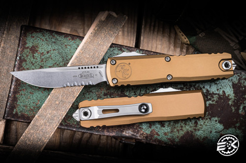 Microtech UTX-85 Gen IV OTF Automatic Knife Tan  3" M390 Serrated Stonewash 12314-11TA