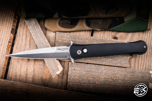 Preowned-ProTech Large Don Automatic Folding Knife Black w/ MOP Button 4.5" 154CM Spear Point Satin  1921-MOP