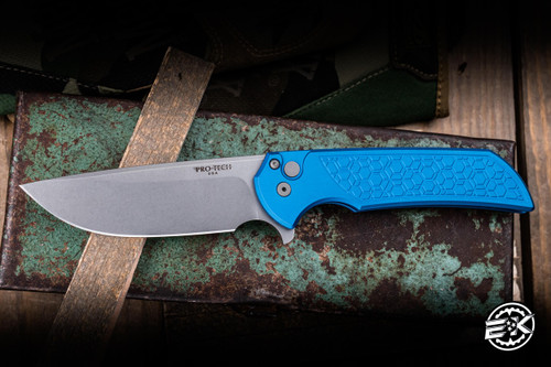 Preowned-ProTech Mordax Manual Flipper Knife Blue Gridlock Texture 3.75" MagnaCut Drop Point Stonewash MX105-BLUE-GRIDLOCK