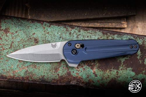 Preowned-Benchmade Lowden Folding Knife Crater Blue Aluminum 2.79" M390 Spear Point Satin 491