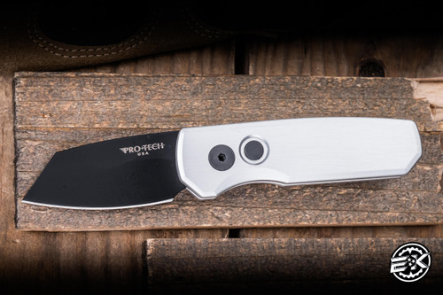 Preowned-ProTech Runt 5 Automatic Folding Knife Silver 1.9" 20CV Reverse Tanto Black R5203-SILVER