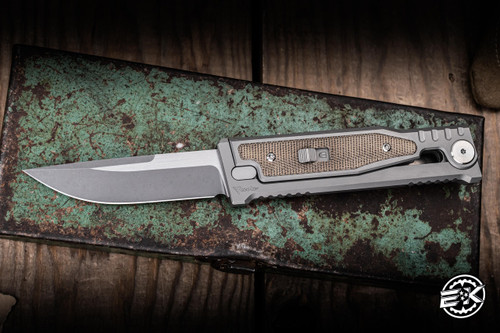 Preowned-Reate EXO-M OTF Gravity Knife Titanium/Green Micarta 2.95" Drop Point Satin