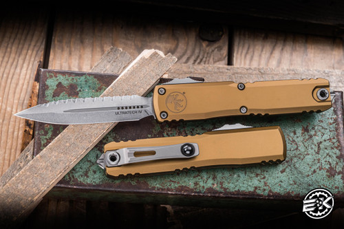 Microtech Ultratech Gen IV D/E OTF Automatic Knife Tan 3.5" M390 Serrated Dagger Stonewash 11224-12TA