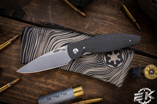 Three Rivers Manufacturing ATOM Folding Knife Contoured Carbon Fiber 3.5" 20CV Drop Point Stonewash