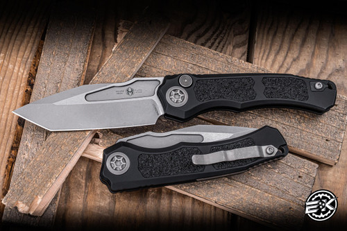 Heretic Knives Wraith V4 Automatic Folding Knife Black Chassis  3.6" Battleworn Black MagnaCut Tanto HK-H100-5A