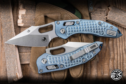 Microtech Marfione Select Stitch RAM-LOK Manual Folding Knife Ice  Blue Frag Titanitum w/ Blue Titanium Accent Double Vapor Blast 3.6" Bohler M390MK Stonewashed Spear Point  169RL-10FRMS6