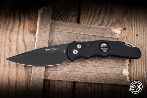 Preowned-Limited Edition- ProTech TR-4 Tactical Response Automatic Folding Knife Silver Skull Inlay 4" DLC Black