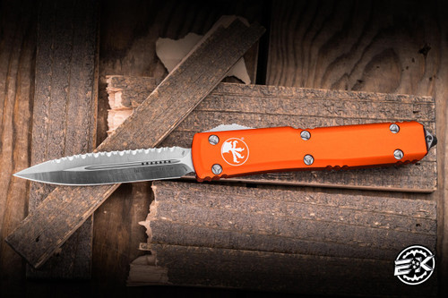 Preowned-Microtech Ultratech OTF Automatic Knife Orange 3.4" Stonewash Dagger Serrated 122-12OR