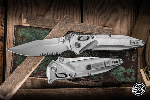 Microtech Marfione Select Socom Delta RAM-LOK Manual Titanium Blue Accents Double Vapor Blast 3.8" M390 Spearpoint Stonewash Partial Serrated 159RL-11SMS3