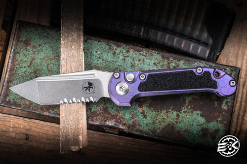 Microtech Marifione Select LUDT Automatic Folding Knife Purple Haze Titanium w/ Textured Inlay Purple Accents Double Vapor Blast 3.4" M390 Tanto Stonewash Serrated MCT1136-11MS10