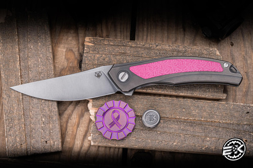 Preowned-Shirogorov Quantum Ursus Titanium Pink G-10 E-Kamo Inlay 3.75" Cromax Stonewash+Bead, Hitex Chip