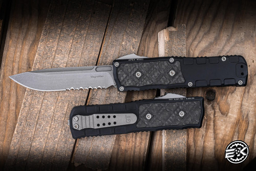 Guardian Tactical Apex OTF Knife Black Aluminum, Carbon Fiber Inlay 3.4" MagnaMax Drop Point Serrated Stonewash