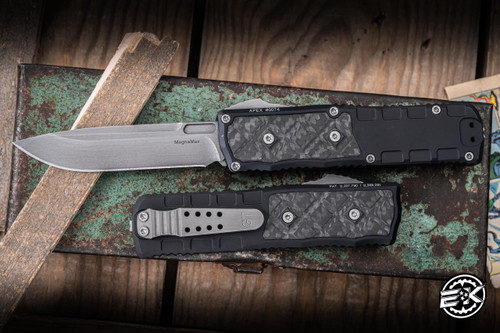 Guardian Tactical Apex OTF Knife Carbon Fiber Inlay Titanium 3.4" Serrated Drop Point Damascus Gunmetal